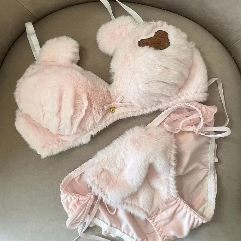 2pcs dámske lolita kawaii podprsenka nohavičky roztomilý medvedí vyšívaná fluffy faux kožušina