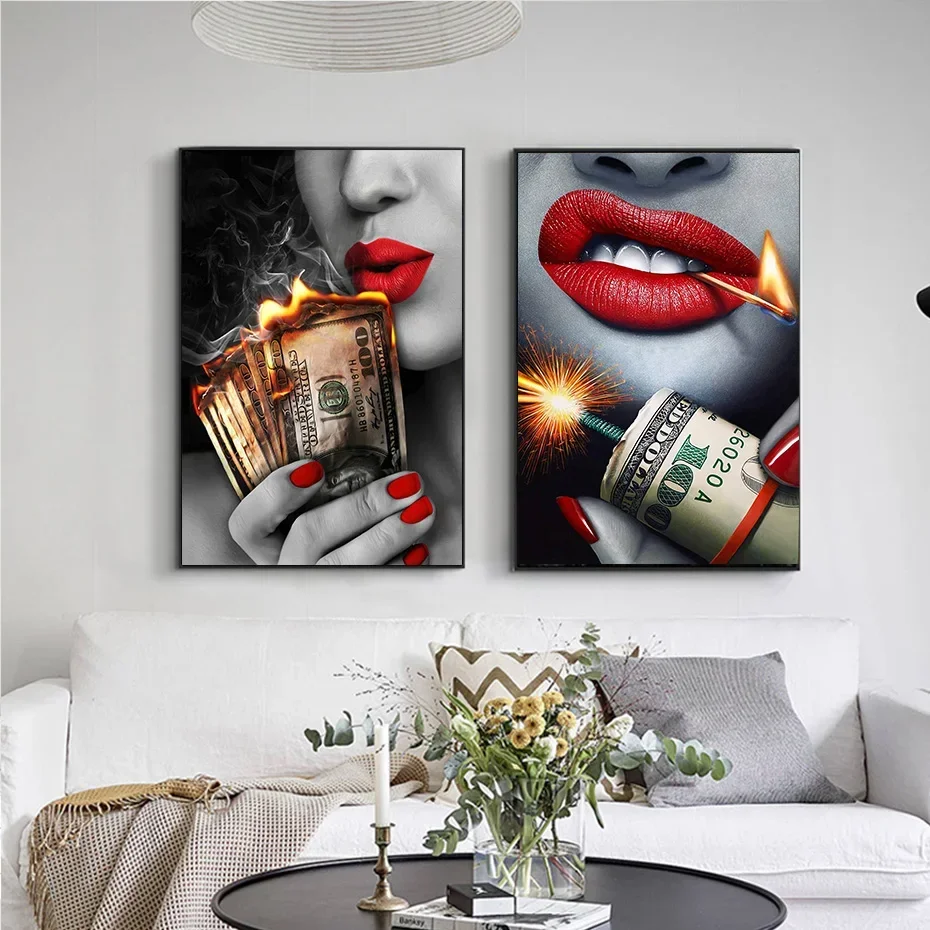 2pcs Fire Dollar Sexy žena červené pery nástenné umenie Canvas maľba figúrka výtlačky Moderný abstraktný obrázok pre dekoráciu obývacej izby