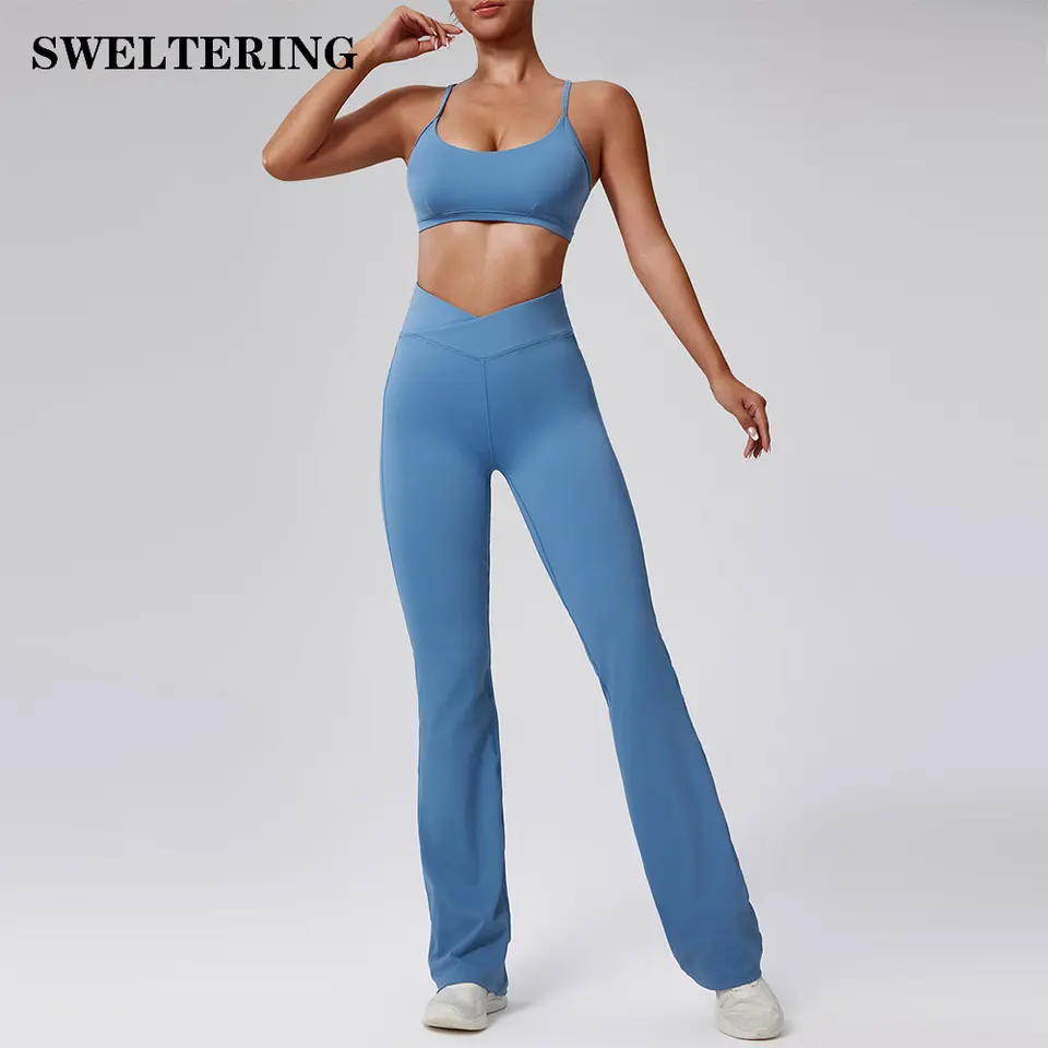 2pcs jogy súpravy Cvičenie súpravy dámske stopy nahé pociťovanie telocvične Push Up Fitness Running Workout Workout Sportwear Sport Bra Bell-Bottoms