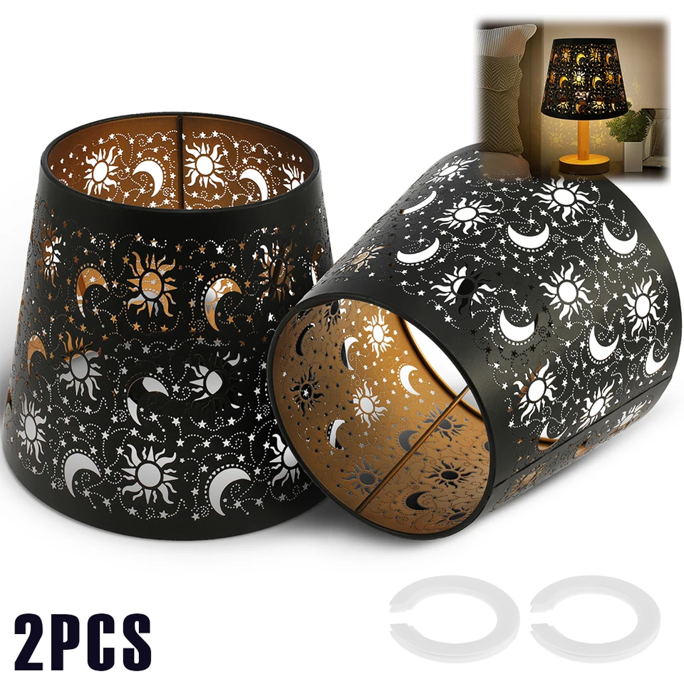 2pcs kovová stolová lampa tieň Sun Moon Star Pattern Pattern Dutlow Out Iron Lampshade Cover pre stolové žiarovky malé lustre nástenné lampy