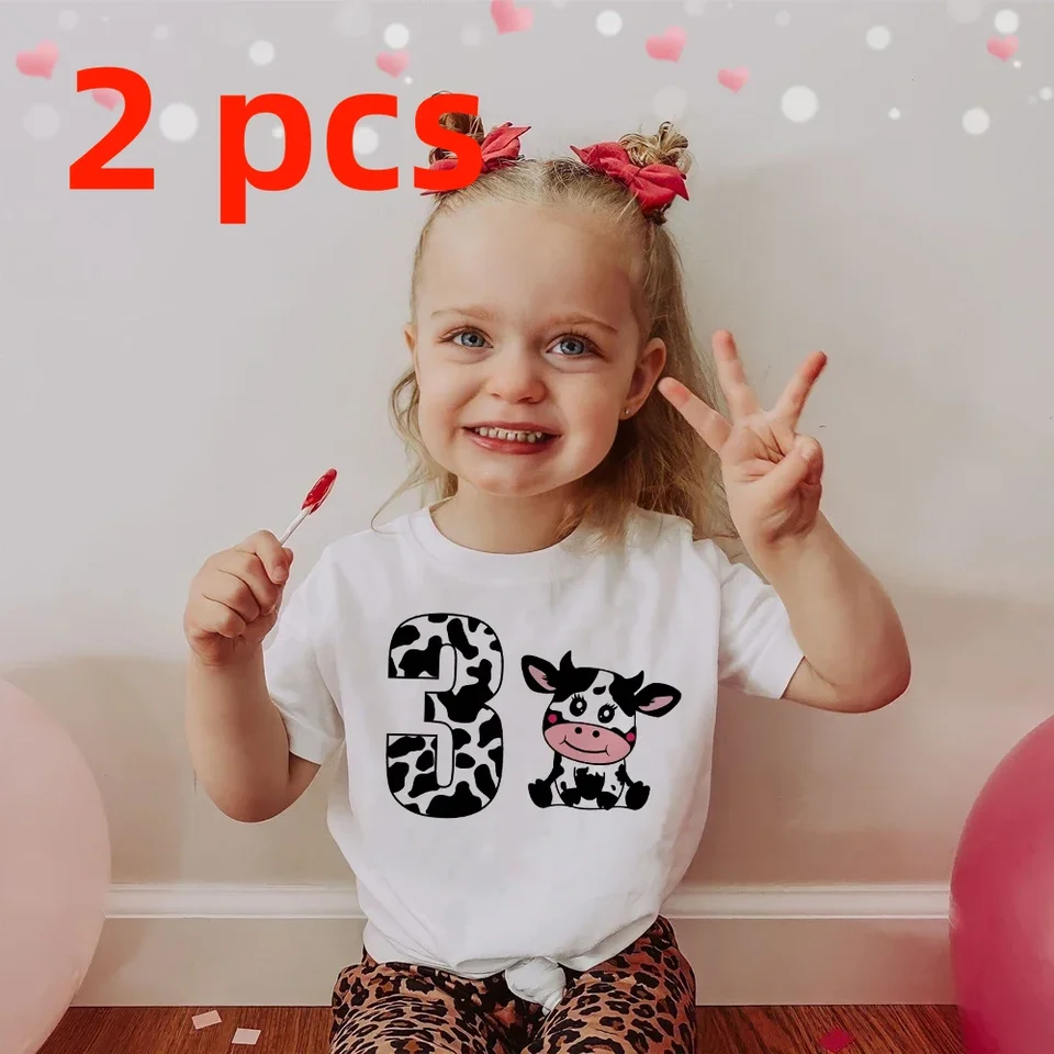 2pcs krava číslo narodeniny tričko 1-10 narodeninové tričko Divoké tričko Dievčatá večierok Tiekot kravy Tlačené oblečenie detské darčeky Tops