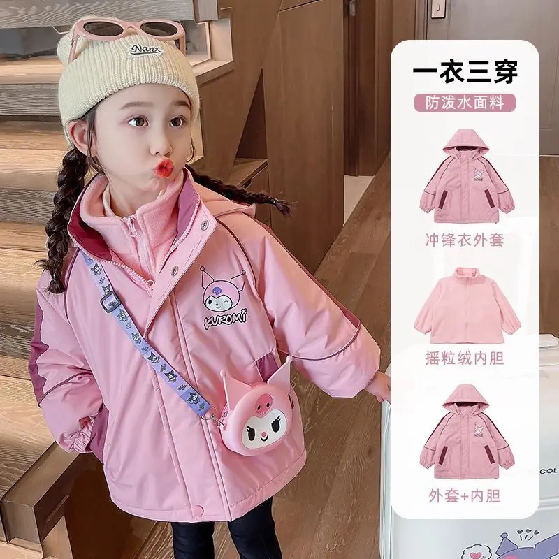 2pcs Kuromi Kids Detské plyšové kapucňové kabáty Jeseň Zimné dievčatá Sanrio Cartoon Patchwork Windbreaker Oblečenie móda Vrchne oblečenie