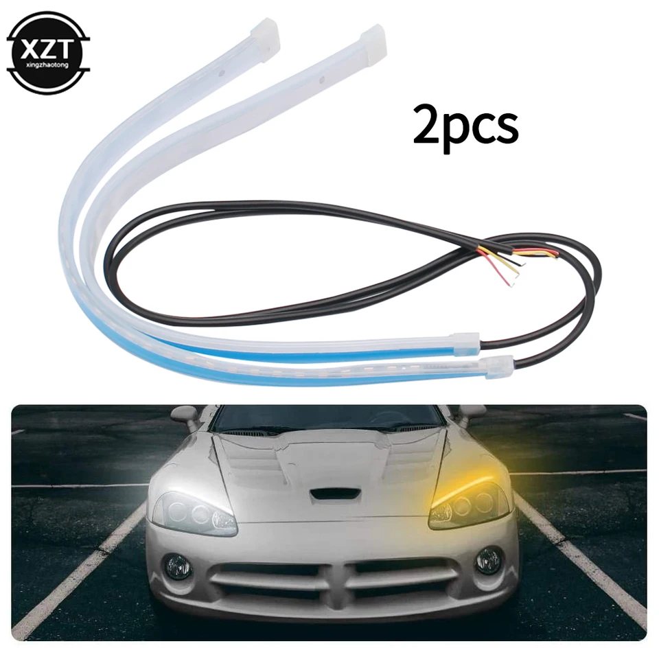 2pcs LED DRL CAR DENNE RUDNÁ Svetlo Flexibilný vodotesný pás Auto svetlomety biely zákrut Signál žltý brzdový prietok svetla 12V