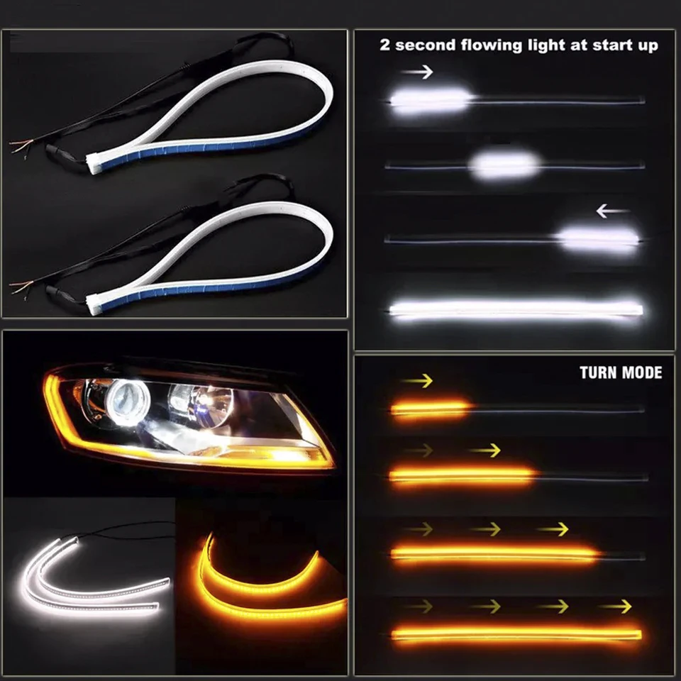 2pcs LED DRL CAR DENNE RUDNÁ Svetlo Flexibilný vodotesný pás Auto svetlomety biely zákrut Signál žltý brzdový prietok svetla 12V