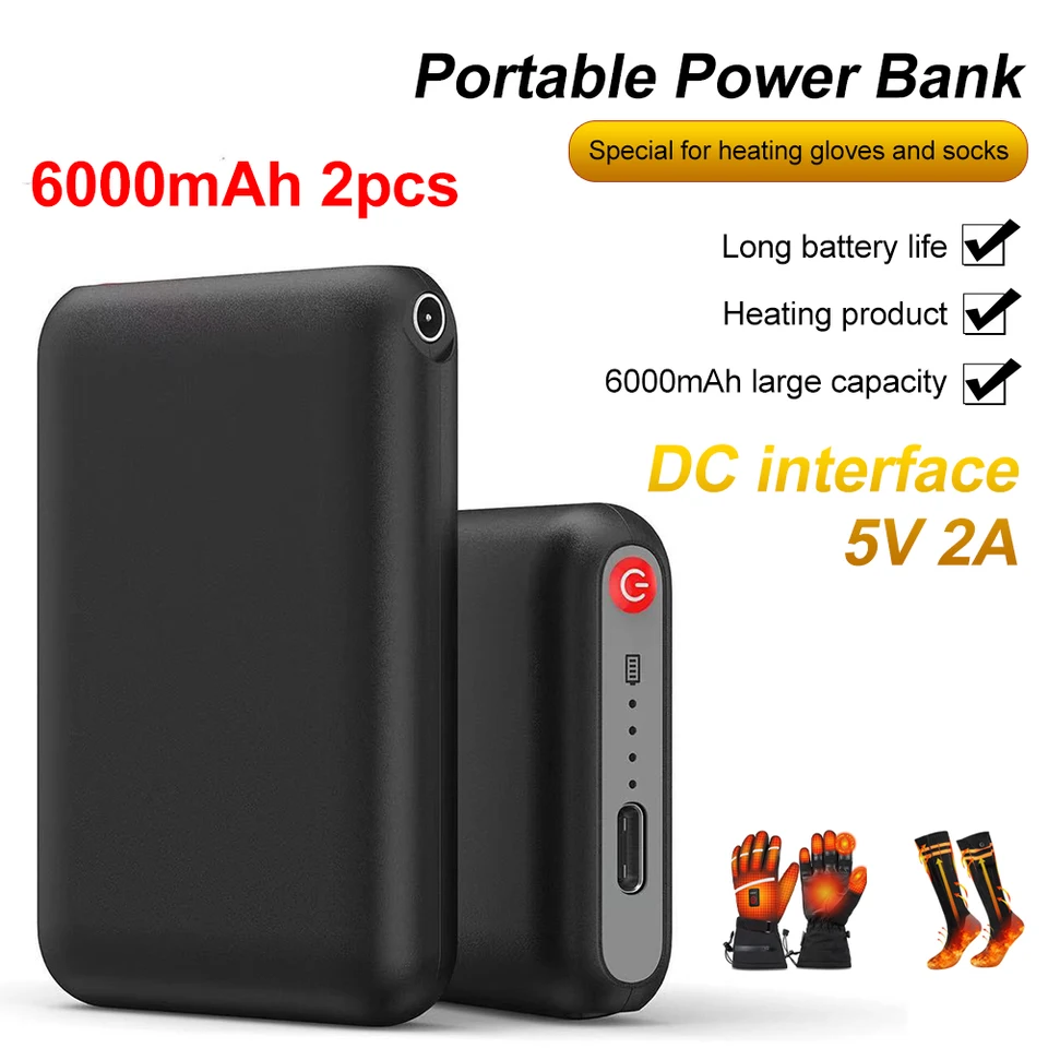 2pcs Mini Power Bank 5V/2A DC Výstupná nabíjačka Externá batéria Balíček 6000 mAh Power banka pre vykurovacie rukavice ponožky