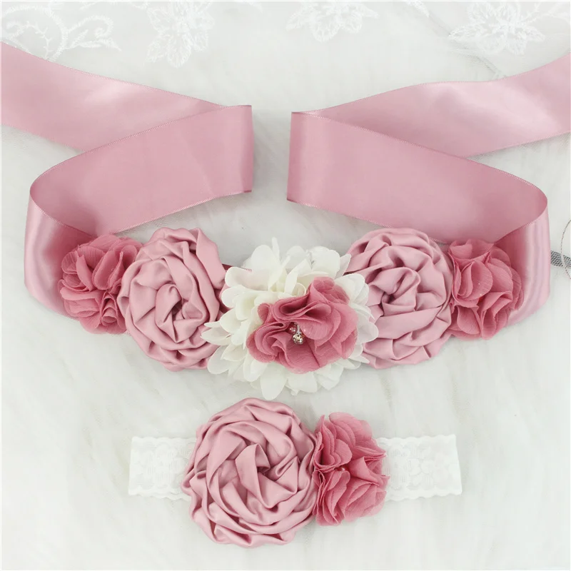 2pcs módne vinobranie ružové/slonovinové kvetinové opasky dievča Žena SASH BESE SEDADLA SASHES BELT S kvetinovou čelenkou pre deti dievča