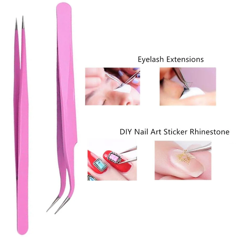 2pcs nehrdzavejúce pinzety Pink Oceľ Priame/zakrivené špičky pinúry pre predlžovanie mihalní