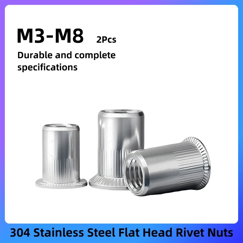 2pcs Nit Nuts Muts M3 M4 M5 M6 M8 304 Stainles Ocel Finish Ploché pulznienk s ohnivým závitom vložky v vložke Knulované telo Knulované telo