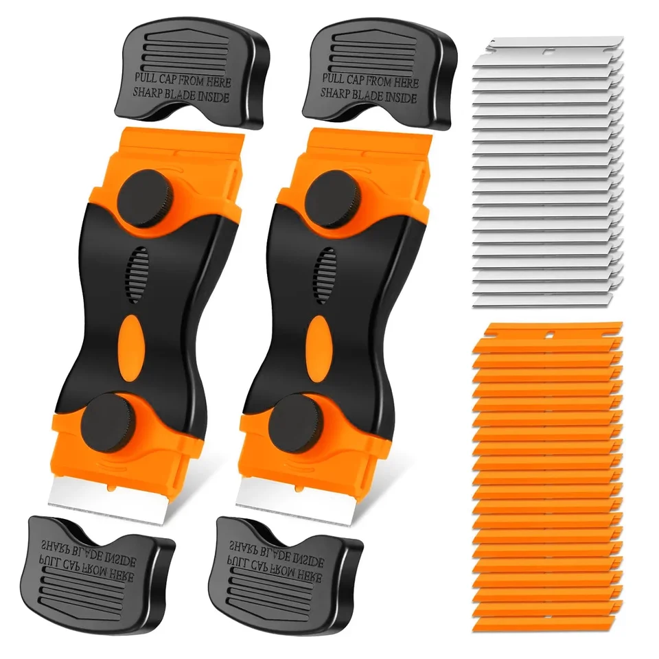 2pcs Orange Razor Razor Blade Scraper 10 kovové čepele a 30 plastových čepelí Odstráňte nálepku nálepky Nástroj na sklo