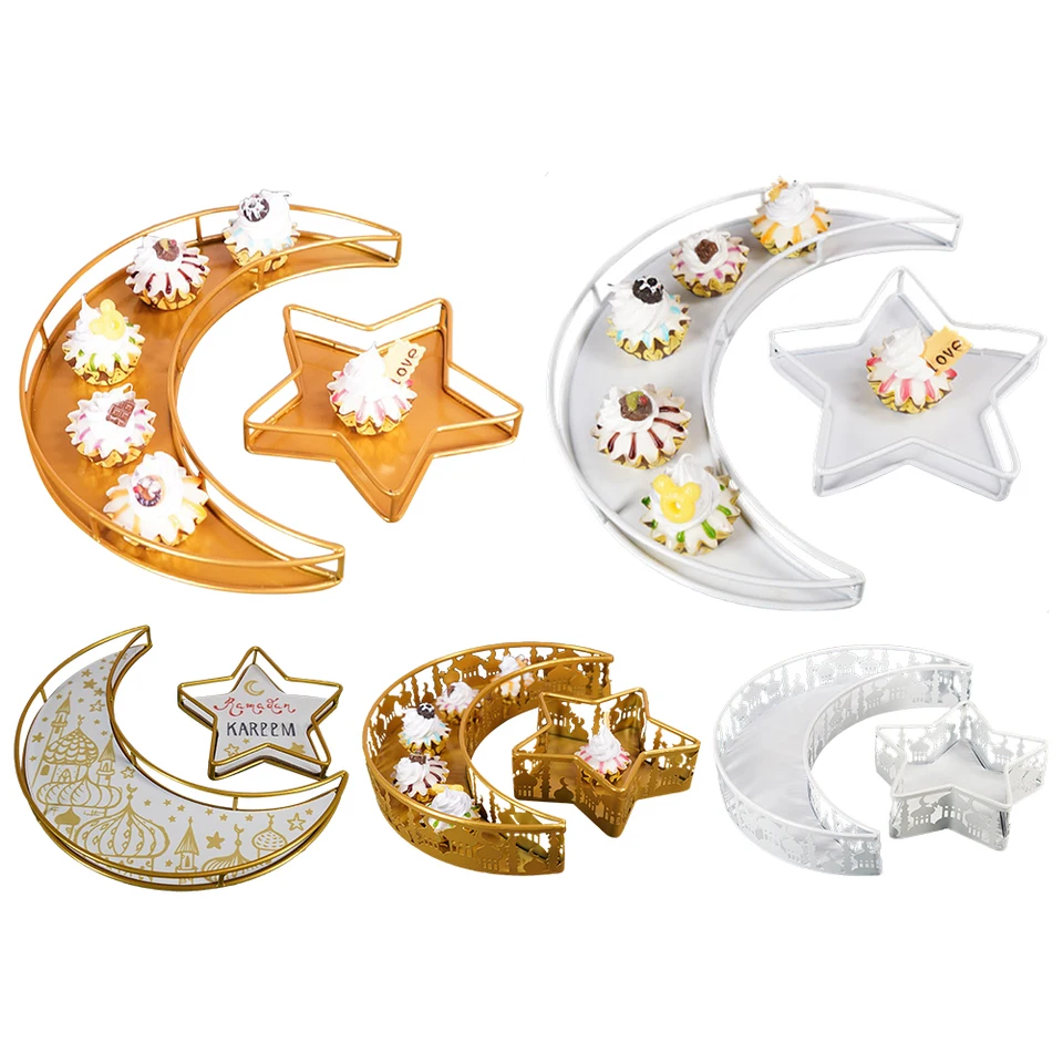 2pcs Ramadan Mubarak slúžiaci podnosu Ramadan Metal Plates Eid Mubarak Moon Star Tray pre Eid Mubarak Islam moslim Eid al-Fitr Iftar