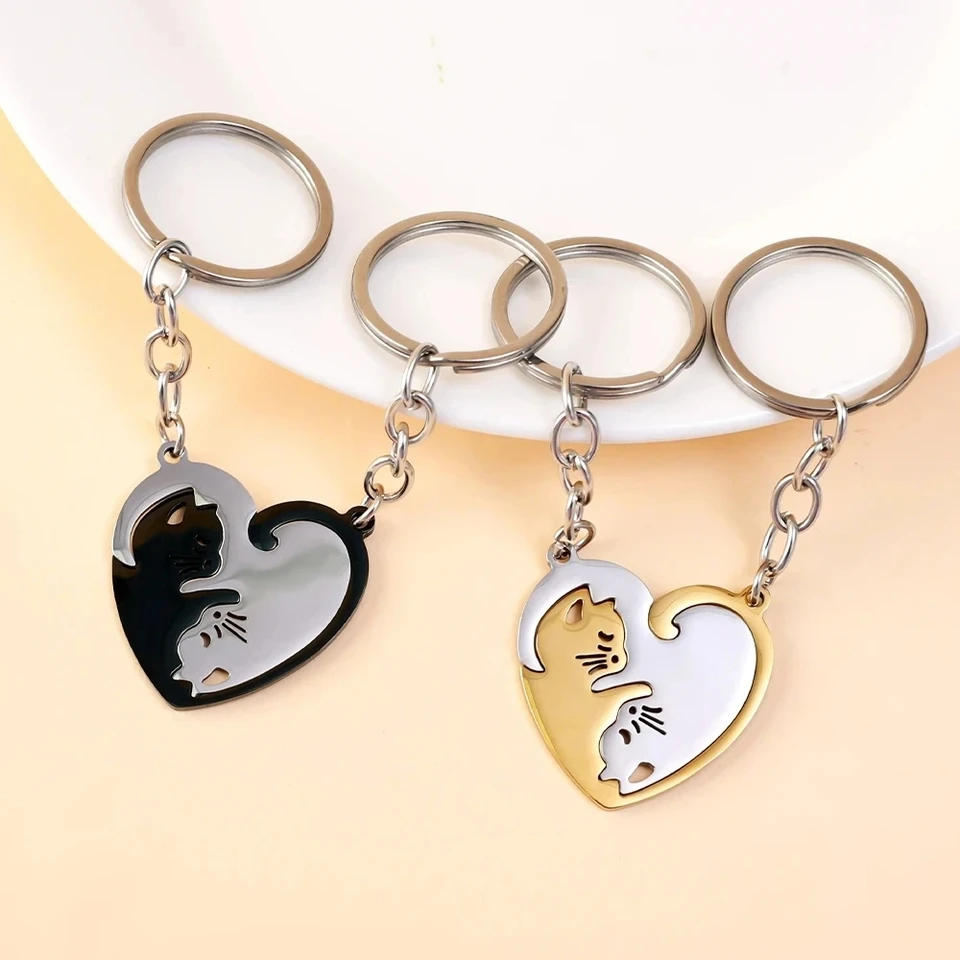 2pcs roztomilý mačka keychain patchwork srdiečko Round Pár prsteň kľúča taška na kľúče držiak na kľúče prívesok pre ženy