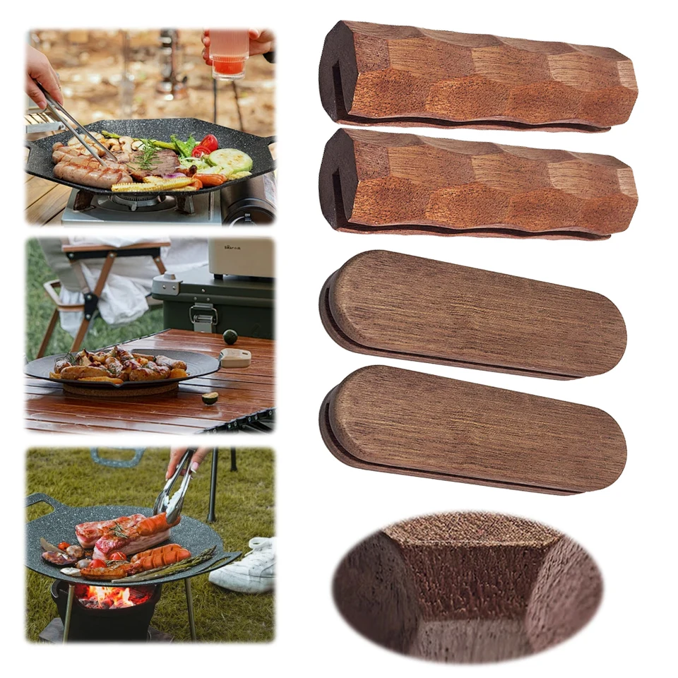 2pcs Sapele BBQ Panľová rukoväť proti oparu Izolovaná rukoväť prenosná rukoväť BBQ Panlow pre varenie omáčka Pan Svietiteľná grilovacia panvica