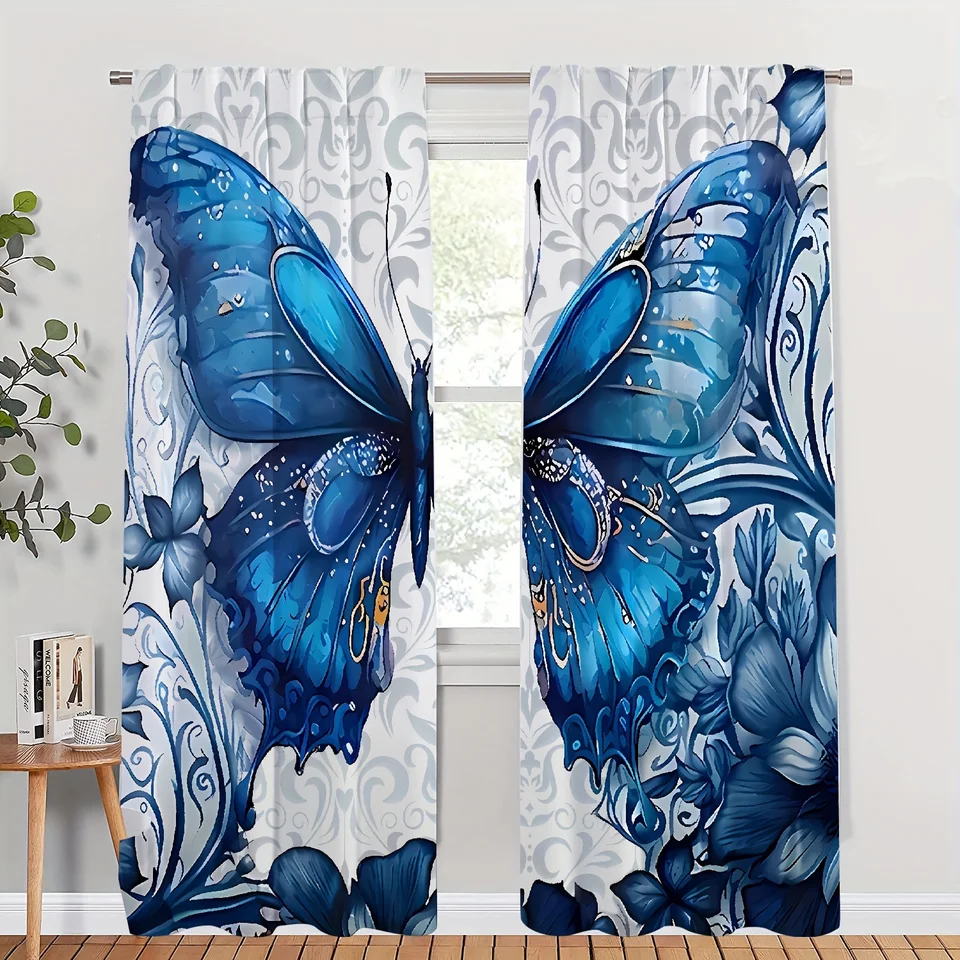 2pcs Set Blue Purple Butterfly Kvetinové záclony, mäkký polyester, dizajn vrecka tyče pre obývaciu izbu, spálňu, kuchyňu a kanceláriu
