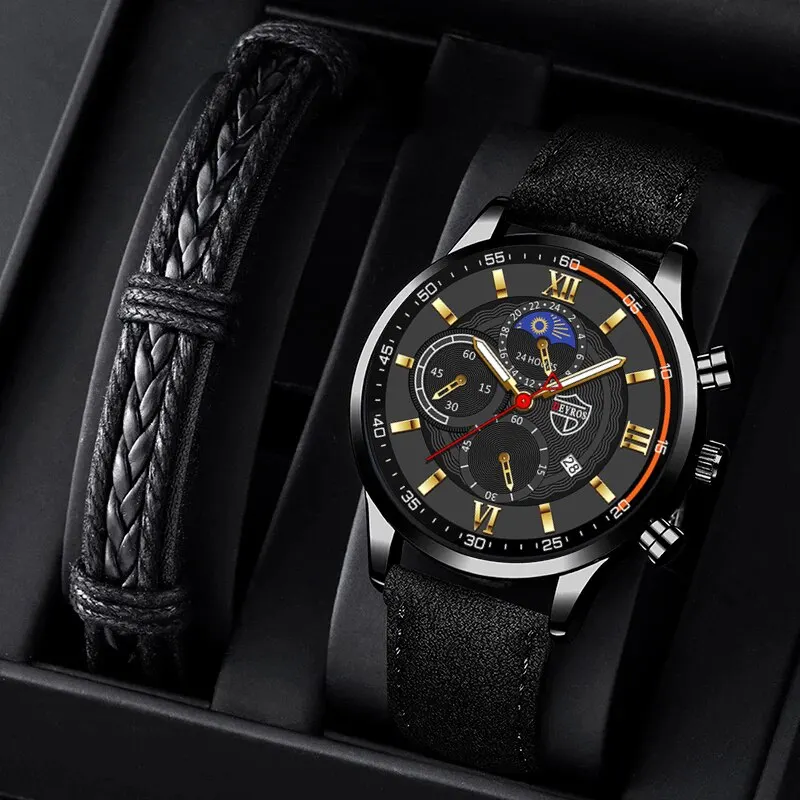 2pcs Set Fashion Mens Športové hodinky Muž Business kožený náramok Quartz hodinky luxusné muži príležitostné svetelné hodiny reloj hombre