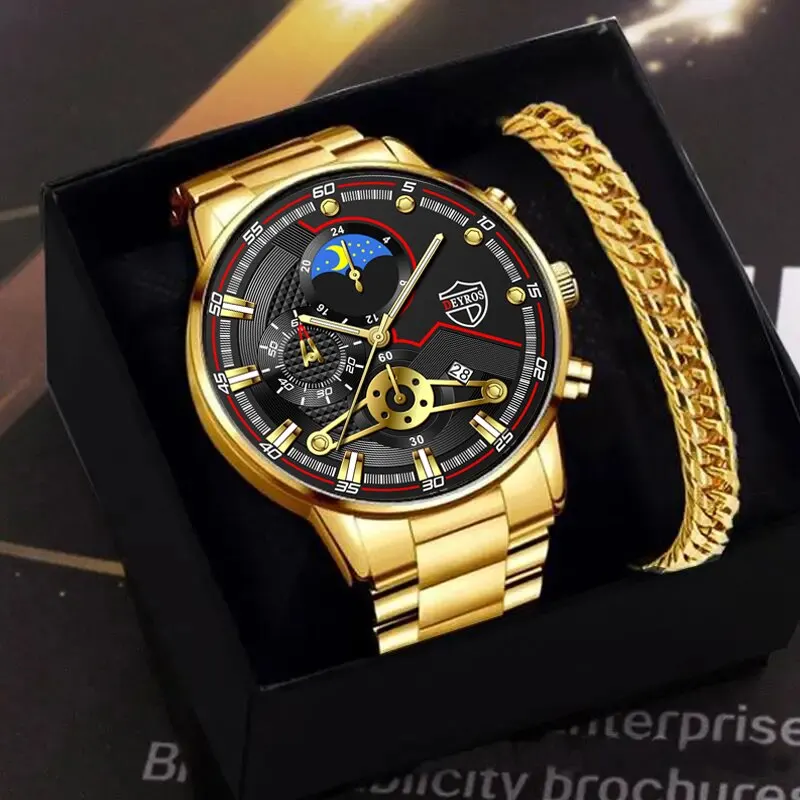 2pcs Set Fashion Sports Men Hodinky pre mužov Business Nerezová oceľ Quartz náramky luxusné príležitostné náramky náramok