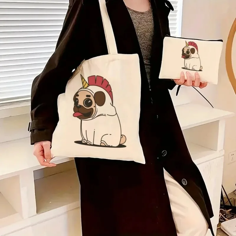 2pcs/set roztomilý psí psí tlač psieho kohútika Kozmetická taška Dámy módna kapacita cestovné nákupné tašky plátno ramenné taška