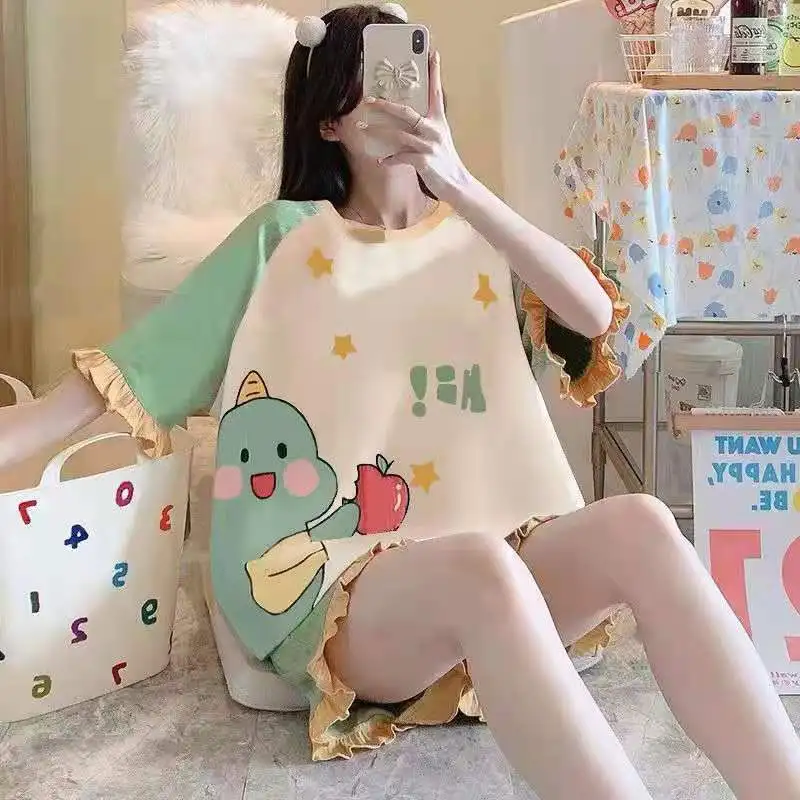 2pcs/set žien voľné verzie Homewear Karikatúra zelená dinosaura dizajn veterná školská školská pyžamá dievča roztomilé sladké mäkké spánkové oblečenie