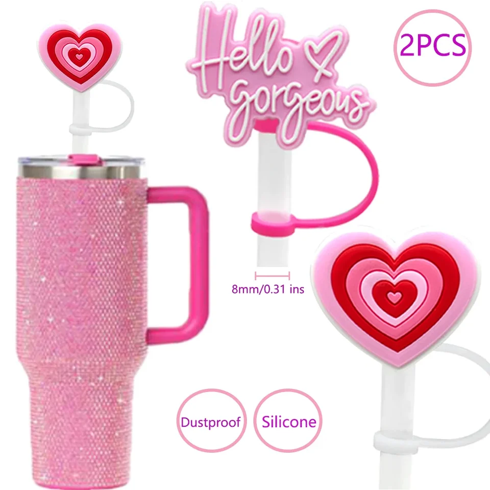 2pcs Slaw Cover Cap Pink Hello Actifies, 8 mm Silikónová slama topper Lovely For For Tumbler Hrgs, opakovane použiteľná prachodná slama