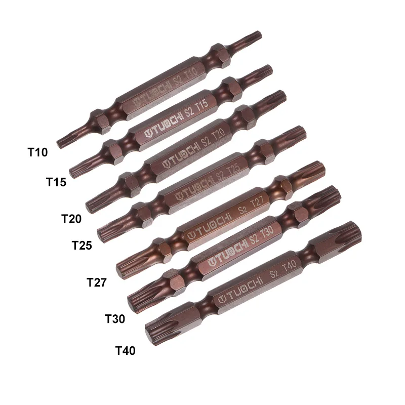 2PCS T10 T15 T20 T25 T27 T30 T40 Dvojitý koniec Torx Screwdriver Bit 65 mm Presná magnetická šesťhranná stopka S2 S2 Oceľ 1/4 ”