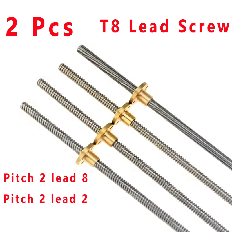 2pcs T8 olovnaté skrutky OD 8 mm olovo 2 mm rozstup 2 mm 8 mm 200 mm 200 mm 300 mm 400 mm 500 mm olovna