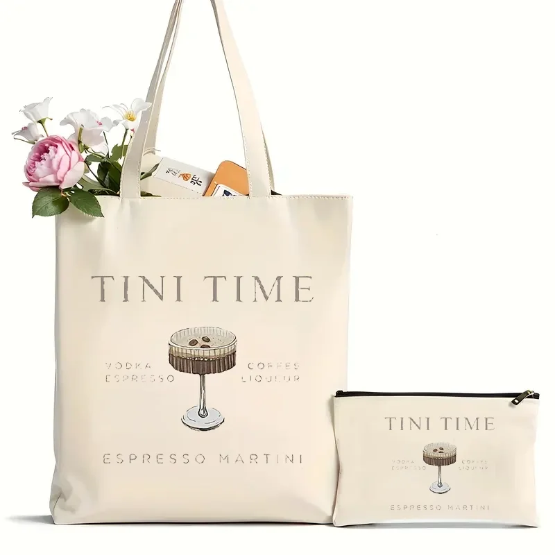 2pcs Tini Time espresso káva likér espresso martini vzorový taška, taška na plátno na rameno na cestovanie denne dochádzanie