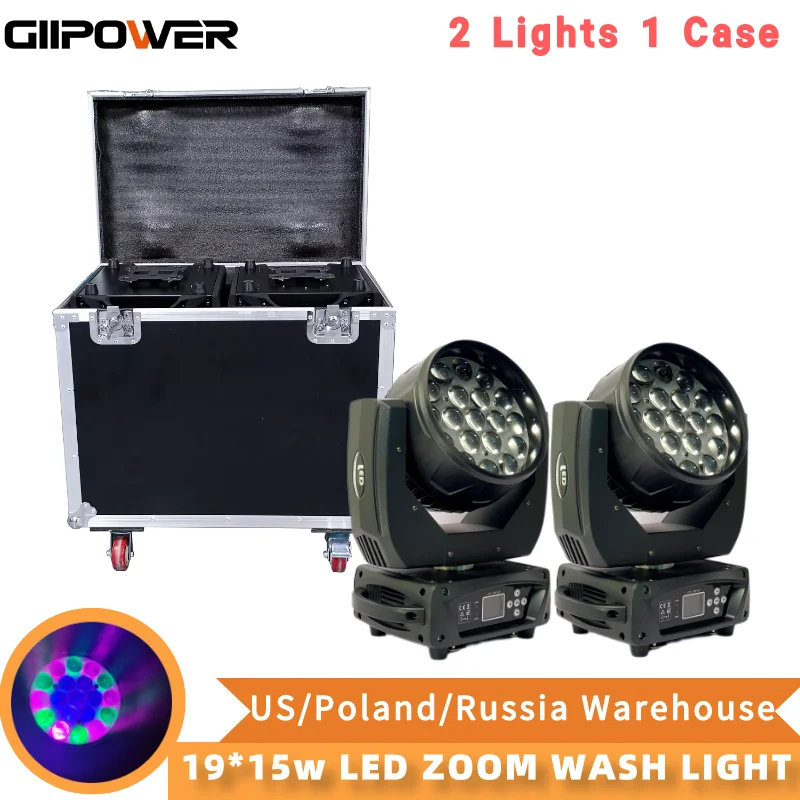 2pcs umývanie lýra 19x15w Zoom Wash Moving Head Light Lyre Wash 19x15W Zoom CTO Mac Aura pohybujúce sa hlavu Wash Light DMX Flightcase DMX