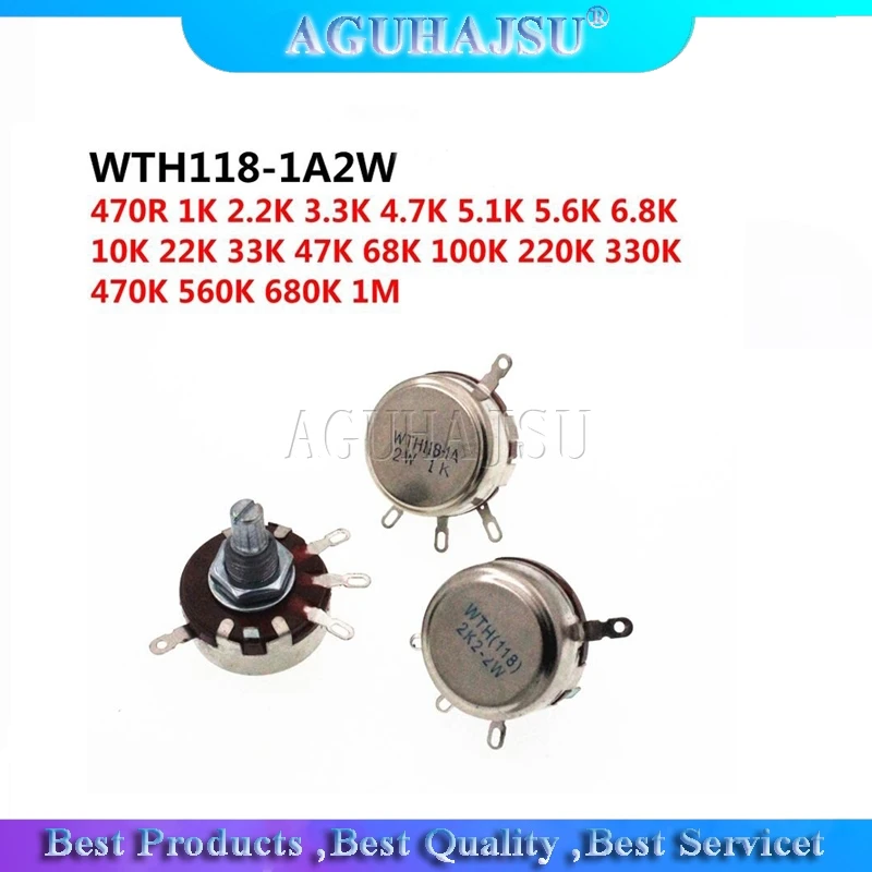 2pcs WTH118 2W 1A Potentiometer 1k 2,2k 4,7k 10k 22k 47k 100k 470k 1m wth118-2w kruhový hriadeľ uhlíkový rotačný zužujúci sa alometer