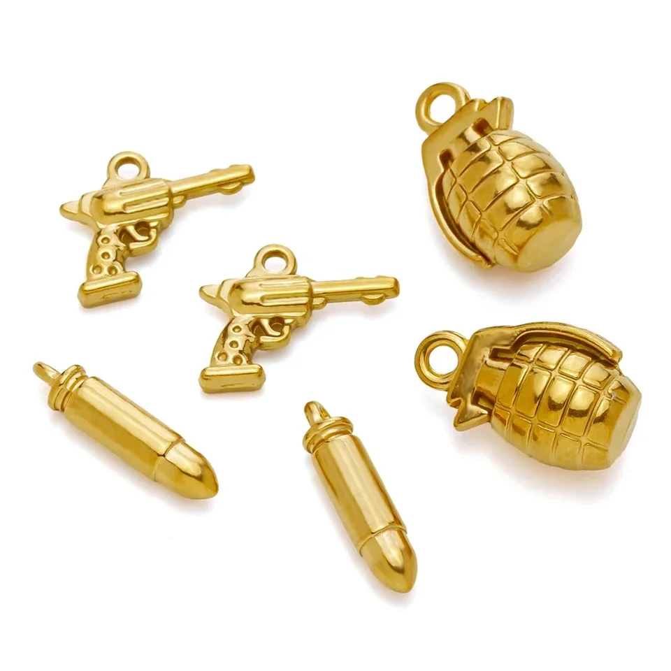 2PCS z nehrdzavejúcej ocele pištoľ Granát Grenade Kúzla 3D Zbrane Prívesky pre náušnice náhrdelníkov Kľúčové kutily DIY šperky výroby dodávok