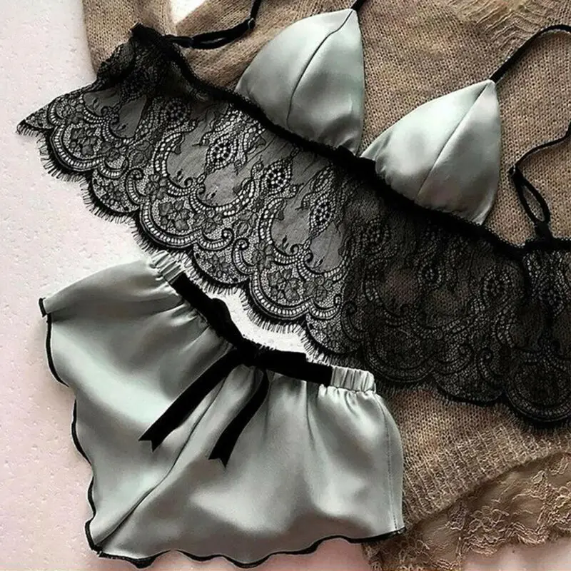 2pcs Ženy spodná bielizeň Sexy hodvábne saténové spodné prádlo pyžamy úrody Tops podprsenky+šortky súpravy sexy ženské nočné oblečenie bez rukávov V