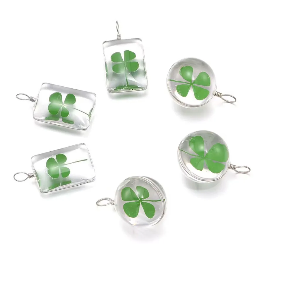 2pcsgreen Lucky Štyri listové ďatelina prívesok kúzlo ručne vyrábané sklo suchý kvet Four Leav Clover Ornament Unisex Lucky darčekové doplnky
