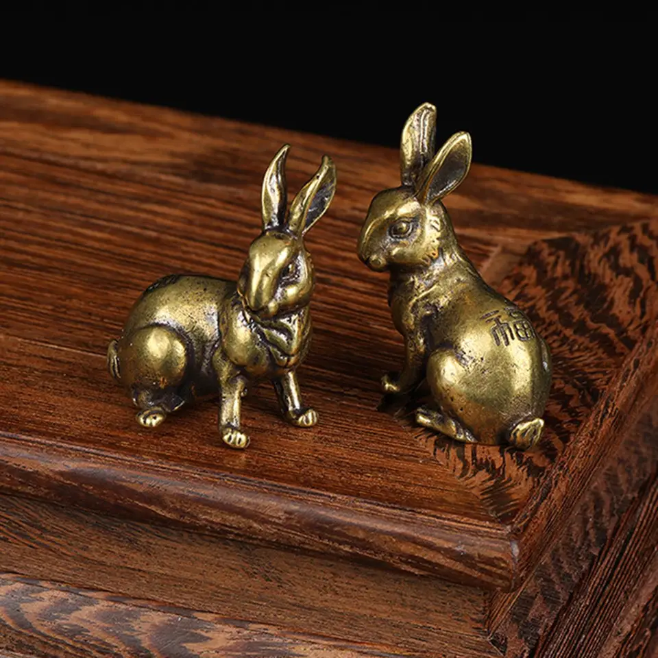 2Piece mosadz Bunny figurín Miniatúrna králika socha starožitné medené kovové umenie