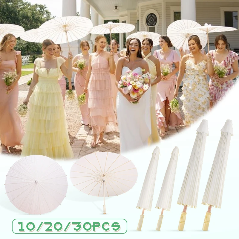2Size Biely papier Parasol DIY Maľované svadobné dáždnik Dlhé rukoväť Ručne vyrobené ručne pre večierok dekorácia slnečný tieň 10/20/30ks