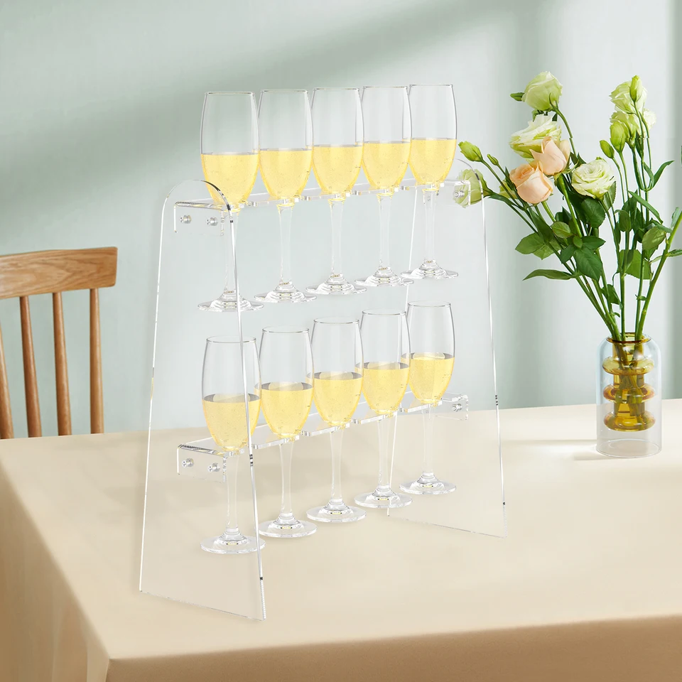 2Tier šampanský držiak na držiak na flautu akrylu Acryl Champagne Display Držiteľ stojan s 10 slotmi držiak číreho skla na zhromaždenie svadobnej hostiny