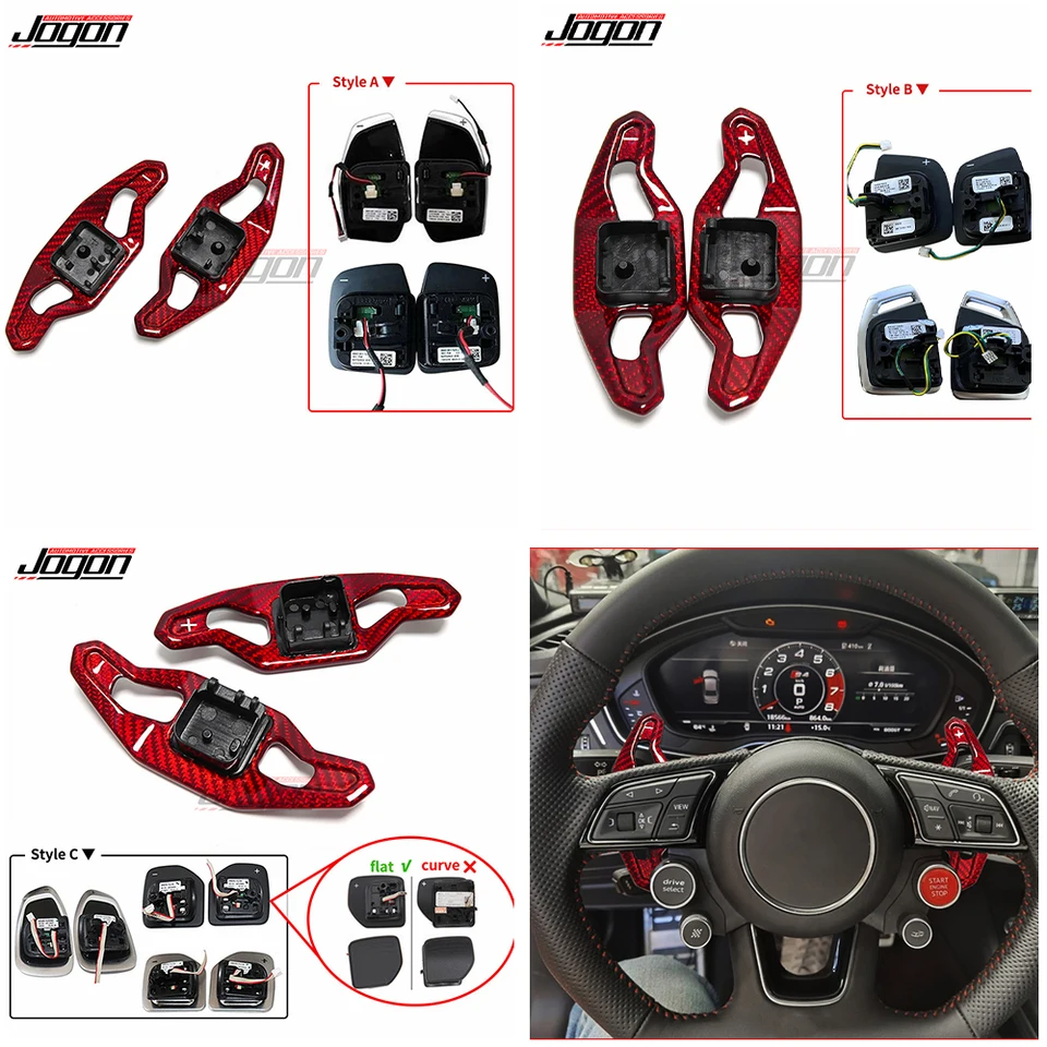 2x Červené uhlíkové vlákno auto volant Paddle Paddle pre predĺženie Audi A3 8V S3 RS3 A4 S4 A5 S5 RS4 B8 B9 A6 A7 TT TTRS R8 Q3 Q3 Q5