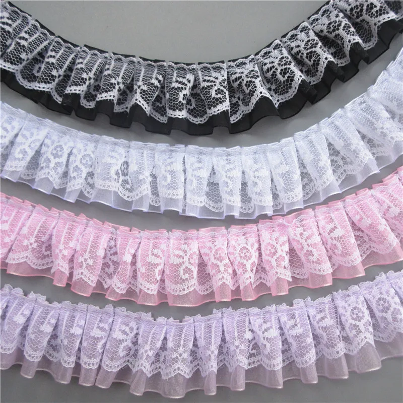 2yardy/šarža 4 cm široké 2-vrstvové skladané skladané organza čipk