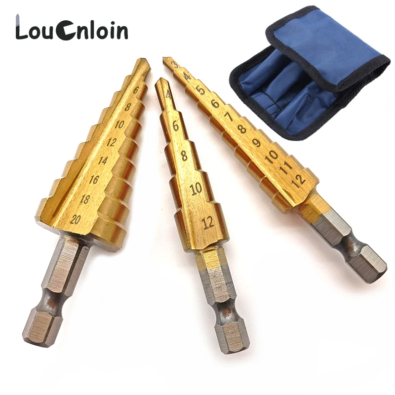 3-12 mm 4-12 mm 4-20 mm HSS Straight Groove Step Bit Bit Set Titán potiahnutý drevený kovový kovový otvor Cutter Core Cone Vŕtacie nástroje