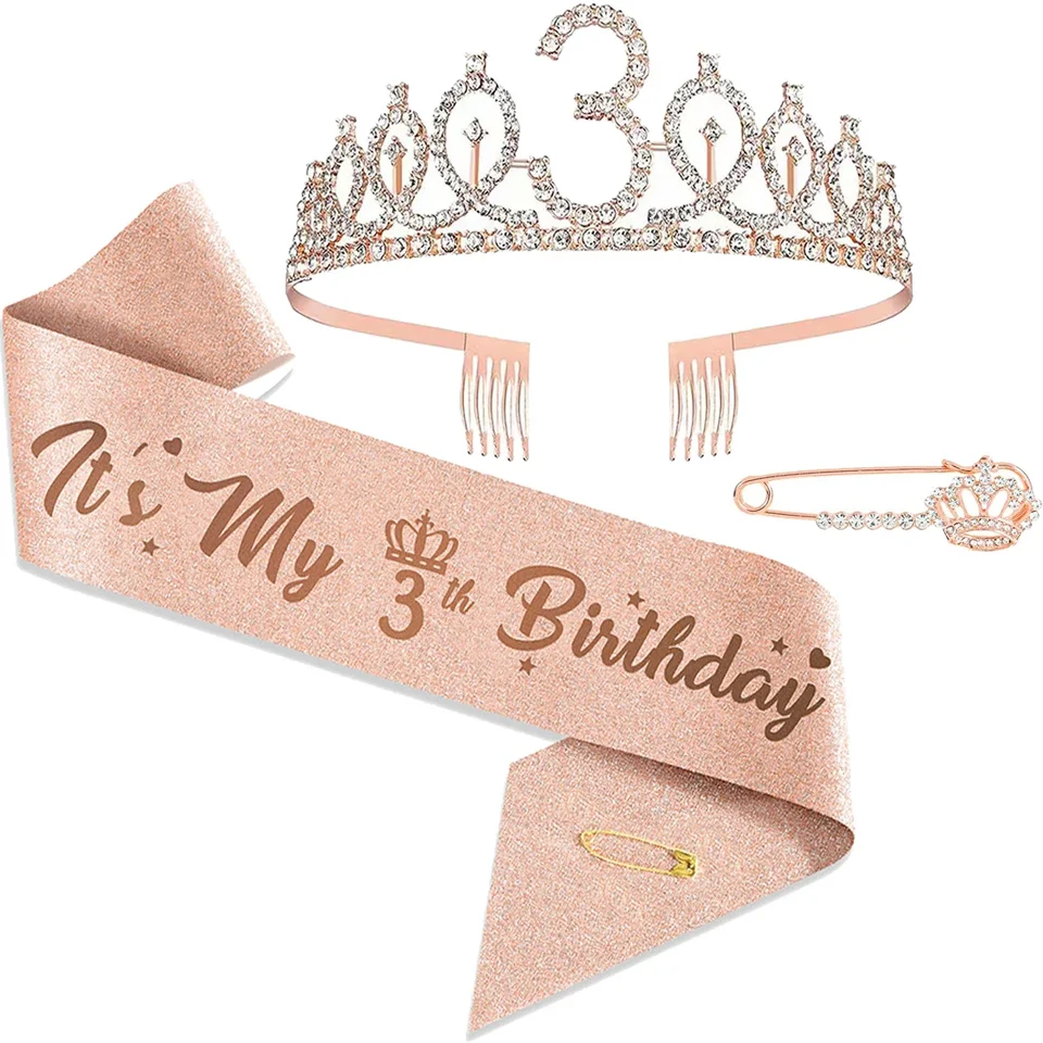 3 4 5 6 7 8 9 Rodinestone Crystal Crown Tiara Birthday Výročie Výročie Decorácie Šťastné narodeniny Satin Sash Party Supplies