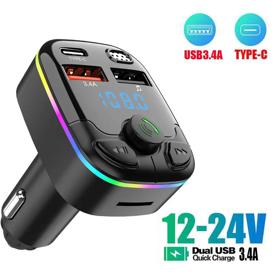 3.4a Bluetooth 5.0 PD Dual USB Car nabíjačka MP3 nabíjačka typu C bezdrôtový adaptér na nabíjanie svetla v aute pre iPhone Huawei Xiaomi Oppo