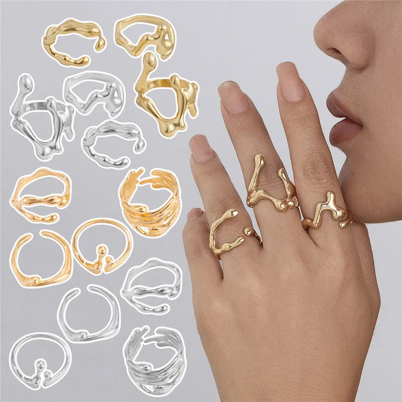 3-4ks Set Fashion Unikátne nepravidelné hladké krúžky sada žien vintage geometrická zlatá farba Open Ring Pár