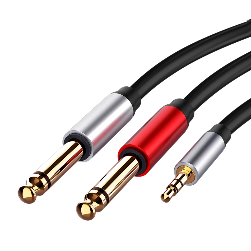 3,5 mm až duálny 6,5 mm adaptérový adaptérový zvukový kábel 3.5 až 6,5 AUX Cord 3,5 Jack Splitter pre gitarový mixér zosilňovača bas