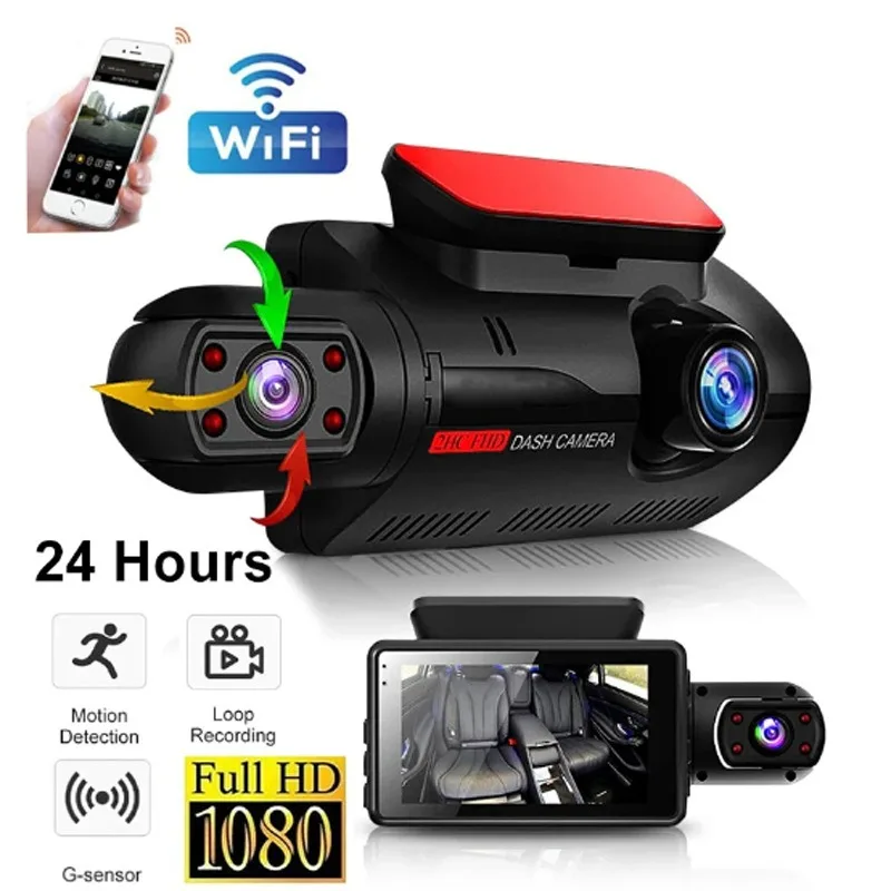 3,5-palcová A68 HD 1080p Dash Cam s WiFi, pripojenie smartfónov, duálne rotujúce šošovky pre predné a zadné, auto DVR