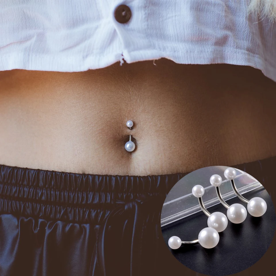 3/5ks/10ks z nehrdzavejúcej ocele Faux Pearl Acryl Pearl Decor Ball Piercing Barbell Belly Gomping prsteň šperky 14G