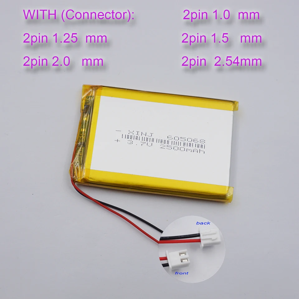 3,7 V 2500 mAh 9.25Wh Li-Polymer Litium Battery 605068 JST 2Pin 1,0/1,25/1,5/2,54 mm Výmena pre PC fotoaparátov