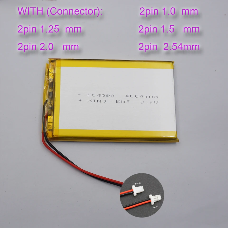 3,7V 4000 mAh 14.8Wh Nabíjateľná polymérna batéria Li JST-XH 2PIN 1,0/1,25/1,5/2,54 konektor 606090 pre Tablet GPS Power Bank PC