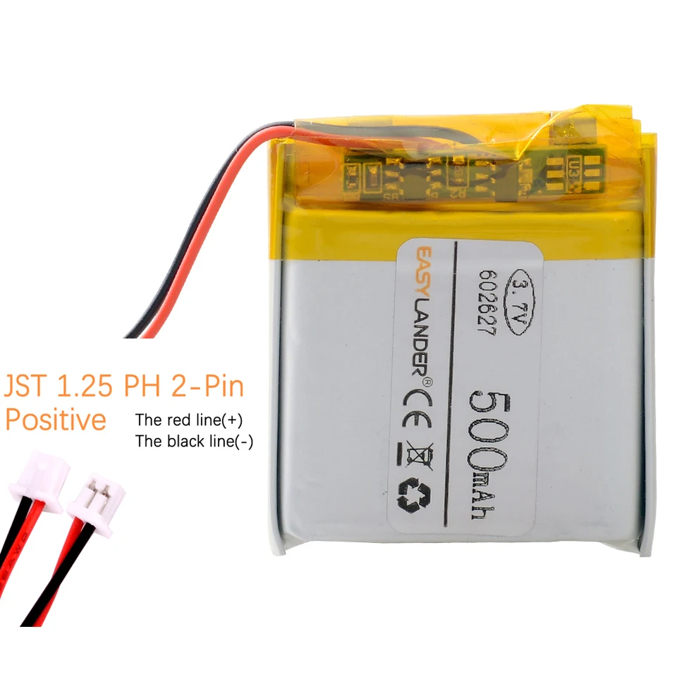 3,7V 500 mAh 602627 Littium Polymer LiPo nabíjateľná batéria JST 1,25 mm 2pin zástrčka pre mp3 slúchadlá DVD E-kniha Bluetooth Bluetooth Camera