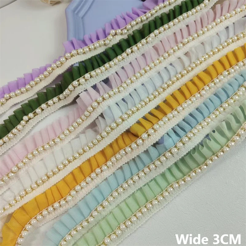 3 cm široký 3D skladaný šifónový textilný stuha korálkové okrajové čipky svrbenie svadobné šaty Golier DIY remeslá