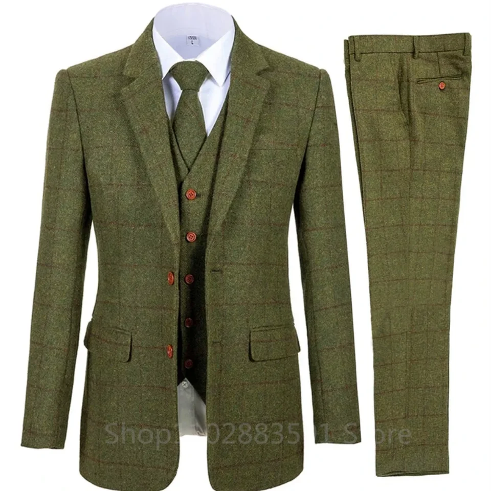 3 -dielne pánske obleky Bussiness Formálne zárezové klošky Groommens Woollen Plaid Tuxedos pre večierky Svadba (Blazer+Vest+Plety)