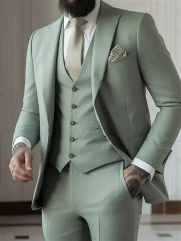 3 -dielne šalvia zelené pánske obleky (bunda+vesta+nohavice) Svadobný ženích Tuxedos Prom Formálne mužské večierky Blazers Traje hombre
