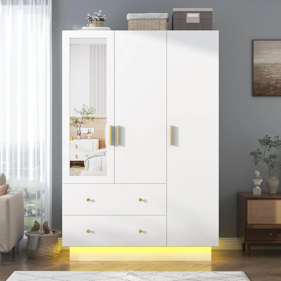 3 Dvere Armoire skrinky so zrkadlom, LED armoire s dverami a zásuvkami, drevená skladovacia skrinka s viskom