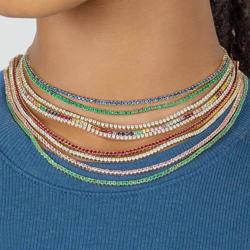 3 farby 2 mm Rainbuw Cz náhrdelník Red Leskiny Cz Tennis Choker Choker Jewelry Micro Dlave Zlato strieborná farba Fancy Dámske šperky